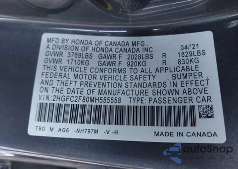 2021 Honda Civic Sport из США, поврежденный, VIN 2HGFC2F80MH555558